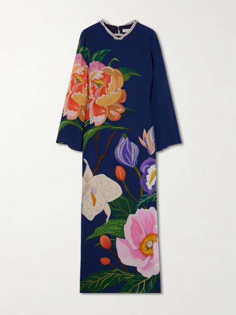 Capucine Embellished Floral-print Crepe De Chine Maxi Dress