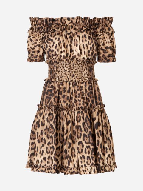 Short leopard-print poplin dress