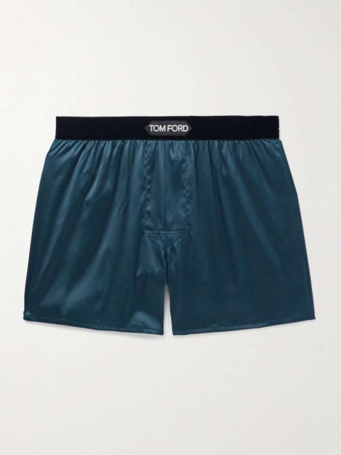 Velvet-Trimmed Stretch-Silk Satin Boxer Shorts