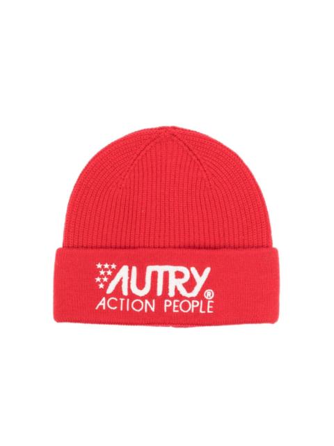 logo-embroidered ribbed-knit beanie