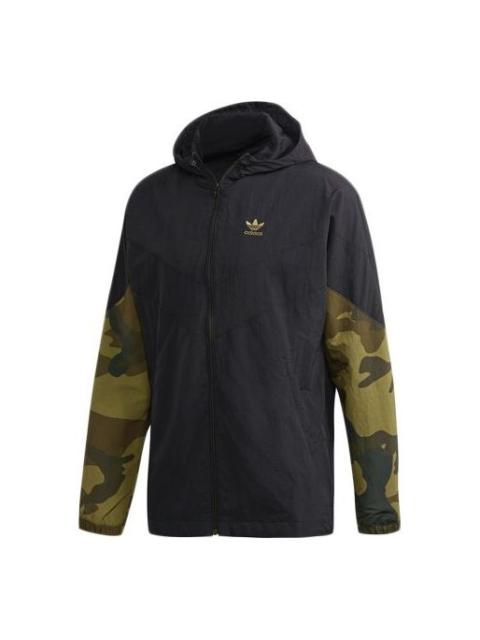adidas originals Camo Wb Camouflage Splicing Sports hooded Windbreaker Jacket Black FM3359