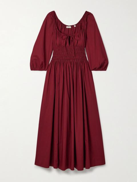 Quintessa tie-detailed shirred organic cotton-poplin midi dress Burgundy