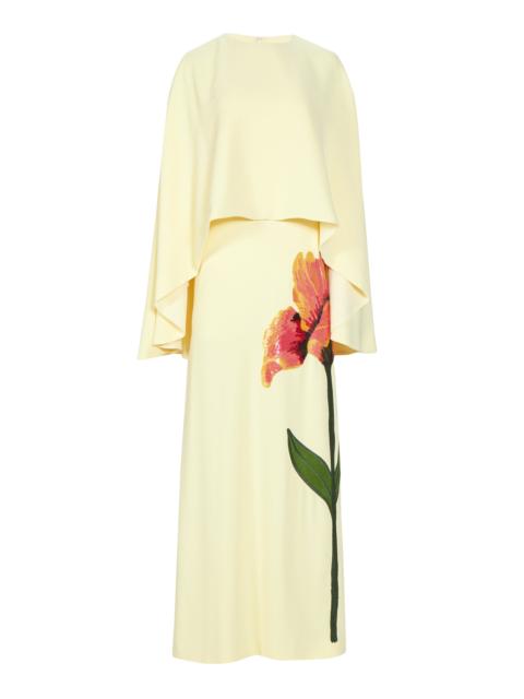 Meena Floral-Appliqued Crepe Cape-Effect Column Gown yellow