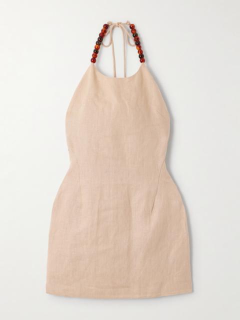 Moretti Bead-embellished Linen Halterneck Mini Dress