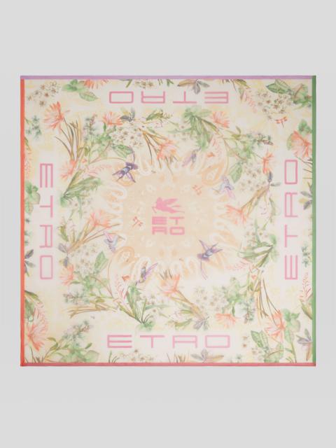 SILK SHAWL WITH FLOWERS, HUMMINGBIRDS AND ETRO LOGO