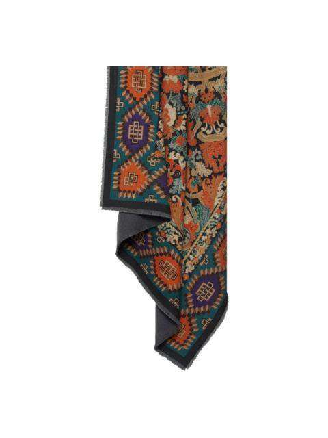 tapestry-pattern fringed shawl