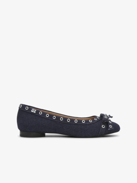 DENIM EYELET BOW BALLERINAS