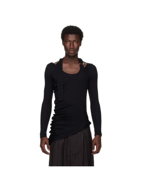 Black Ribbed Twisted Double Layer Piercing T-shirt