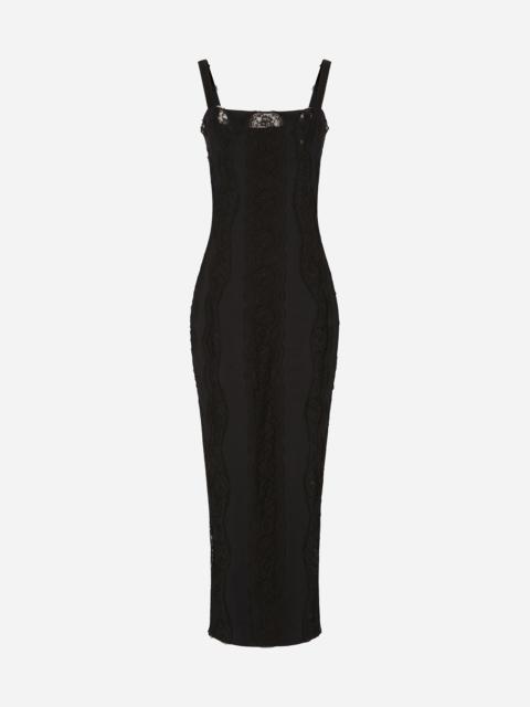Jersey calf-length dress with lace inserts