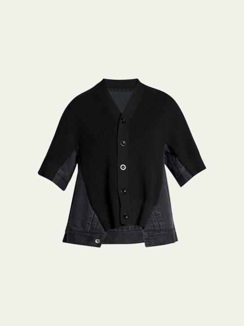 Mixed-Media Denim Short-Sleeve V-Neck Cardigan