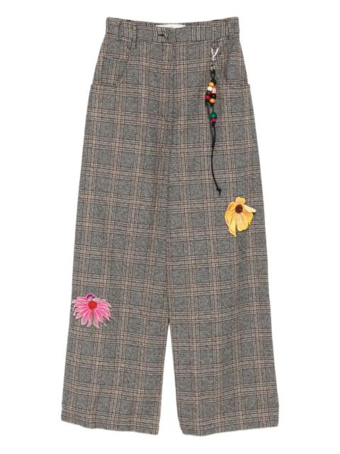 floral-appliqué checked trousers