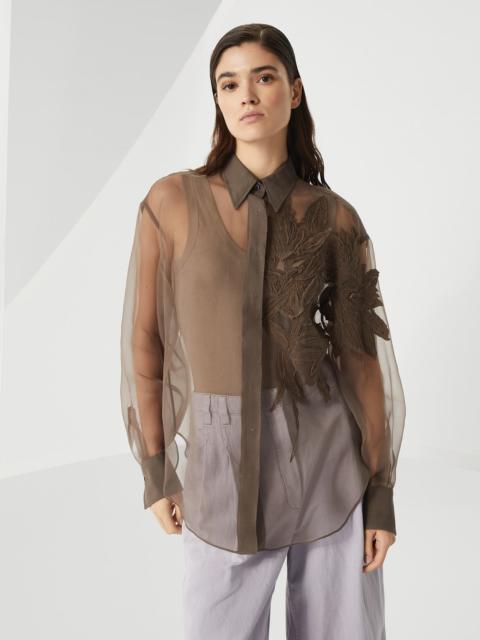 Crispy silk shirt with herbarium appliqué