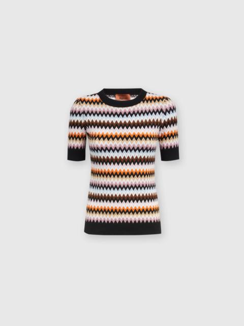 Short-sleeved crewneck pullover in zigzag wool