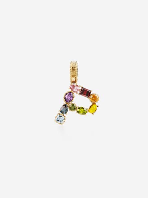 Rainbow alphabet P 18 kt yellow gold charm with multicolor fine gems