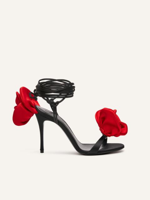 Double red flower heel sandals in black satin