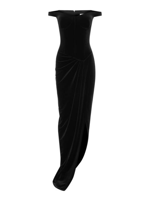 Off-The-Shoulder Split Velvet Gown black