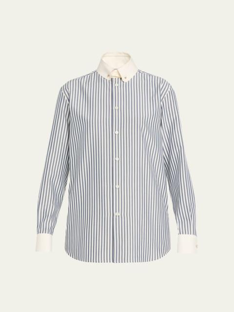 Thea Collar-Pin Striped Silk Button-Down Shirt