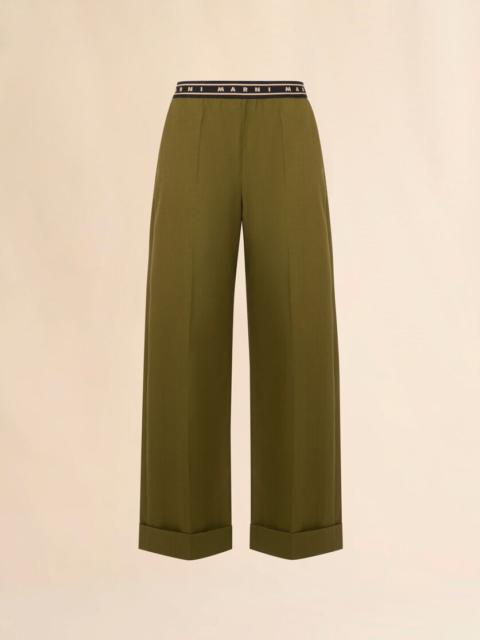 GREEN TROPICAL WOOL STRAIGHT-LEG TROUSERS