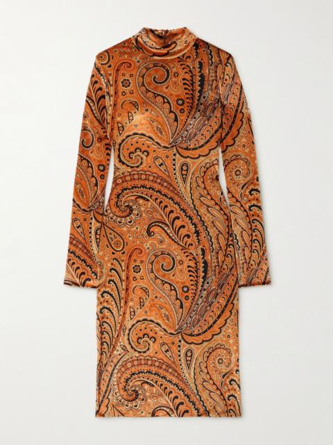 Paisley-print velvet turtleneck midi dress Orange