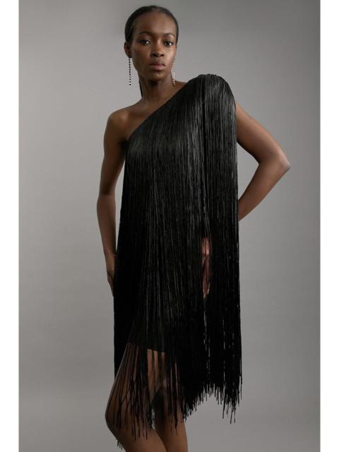 Figure Form Bandage One Shoulder Fringe Mini Knit Dress