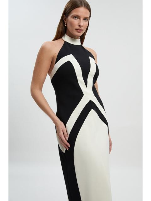 Compact Stretch Colour Block Tailored Halter Neck Midi Dress