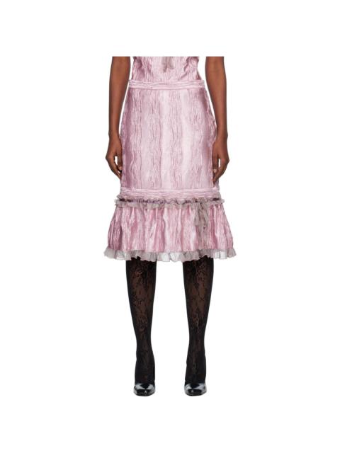 Pink Crushed Satin Ruffle Midi Skirt