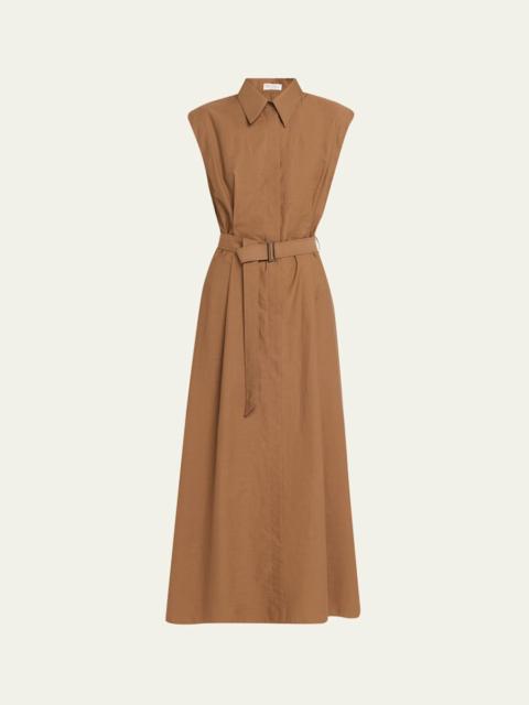 Crispy Diagonal Cotton Belted Midi Shirtdress