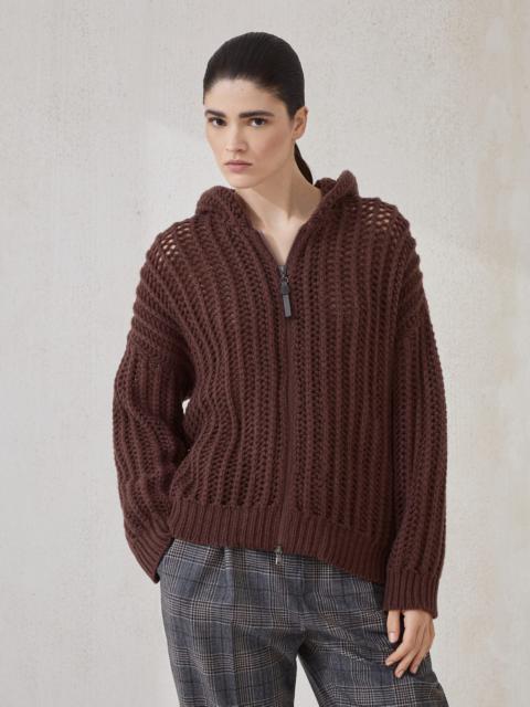 Openwork rib hooded cardigan in cashmere Feather yarn with shiny zipper pull