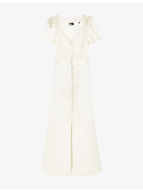 Lace-Embroidered Puff-Sleeve Silk Maxi Dress