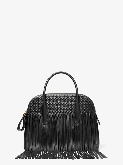 Kaitlin Large Fringed Woven Leather Dome Satchel