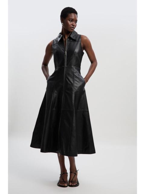 Leather Zip Through Full Midi Dress