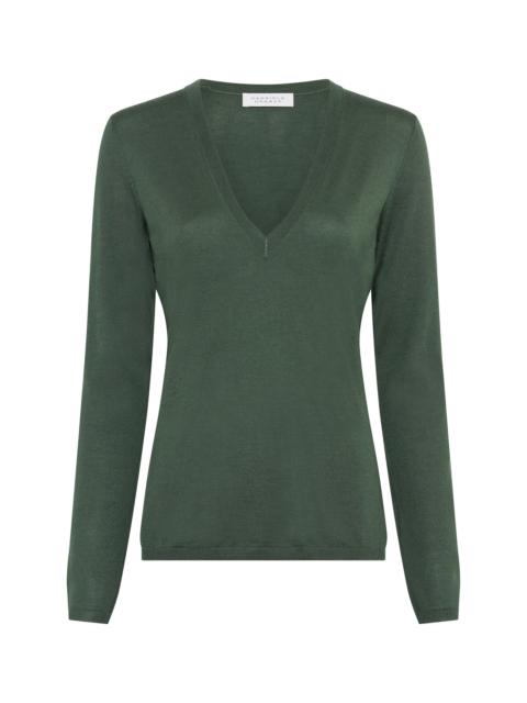 Clementia Knit V-Neck Sweater in Olive Cashmere Silk