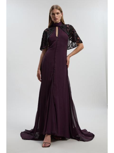 Crystal Embellished Cutwork Cape Detail Woven Maxi Dress