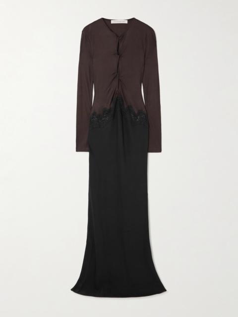 Cutout Twist-front Lace-trimmed Ribbed-knit And Crepe Gown