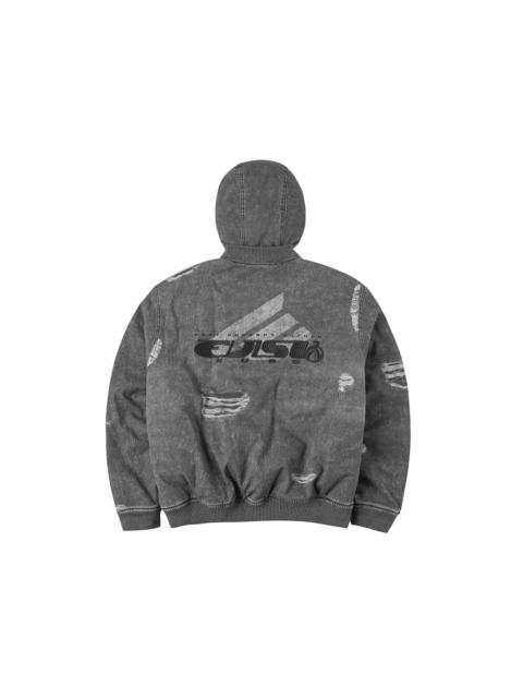 Distressed Print with Logo Embroidery Loose Fit Padded Boomer Jacket