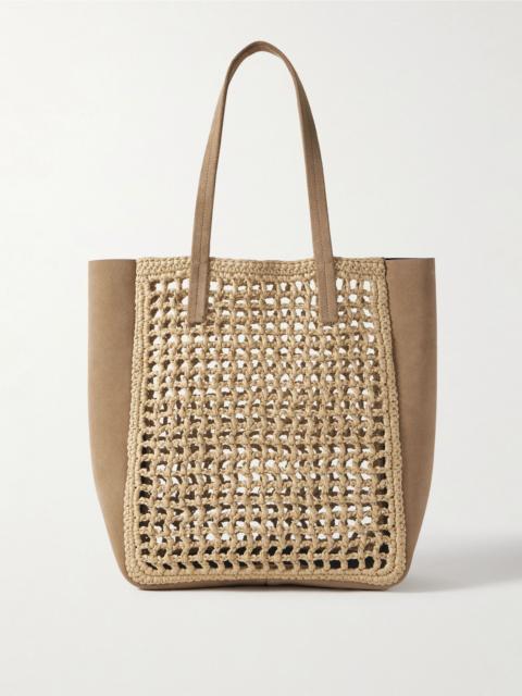 Zoe small suede and crocheted raffia tote Neutral