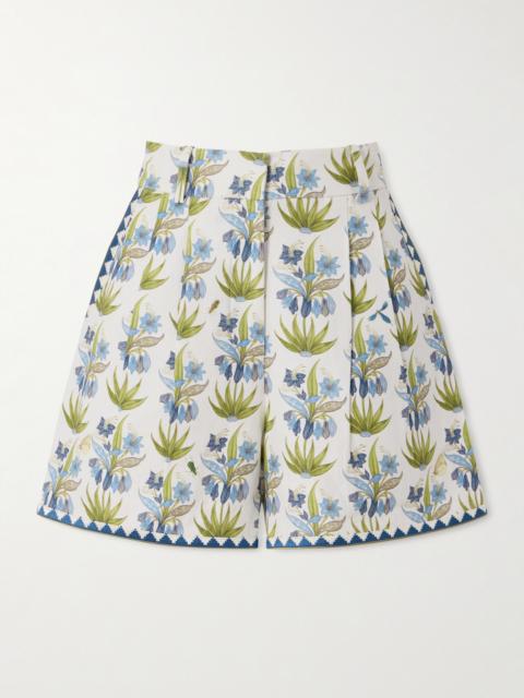 Beatrice Celestine Pleated Floral-print Linen And Cotton-blend Shorts