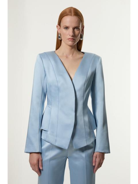 Structured Viscose Satin Stitch Detail Tailored Peplum Blazer