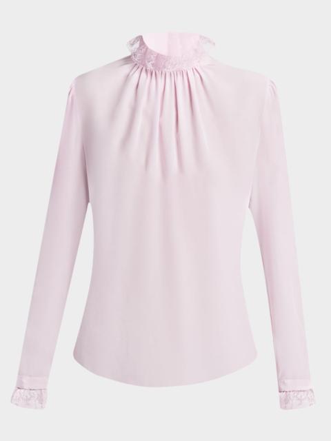 Lace Ruffle-Neck Long-Sleeve Silk Top