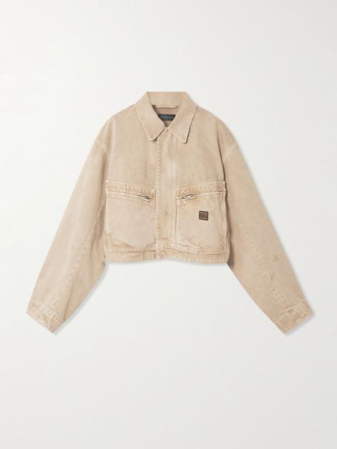 Cropped distressed appliquéd denim jacket Beige