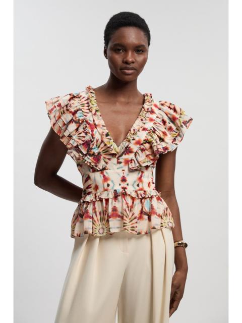 Tile Print Silk Cotton Ruffle Detail Woven Top