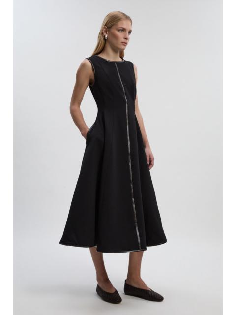 Compact Stretch Pu Mix Sleeveless Full Skirted Tailored Midi Dress