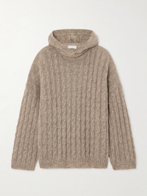 Hooded Sequin-embellished Cable-knit Sweater