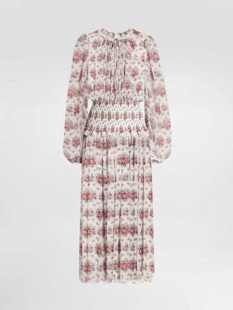 Small flower bouquets-print long chiffon dress