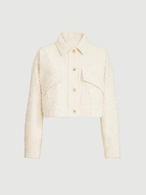 Fuzzy dyed denim outerwear jacket with monili