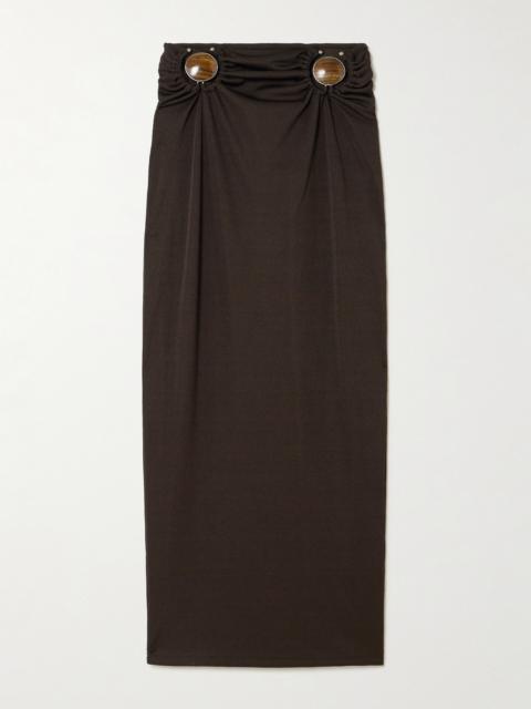 Mineral Stone Embellished Ruched Ribbed Jersey Midi Skirt