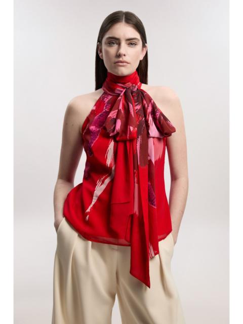 Photographic Floral Crinkle Georgette Sleeveless Tie Neck Woven Top