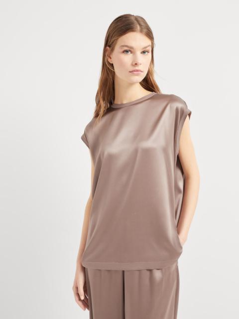 Stretch silk satin T-shirt with monili