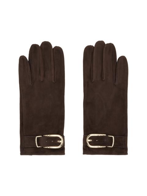 Brown Buckle Appliqué Leather Gloves
