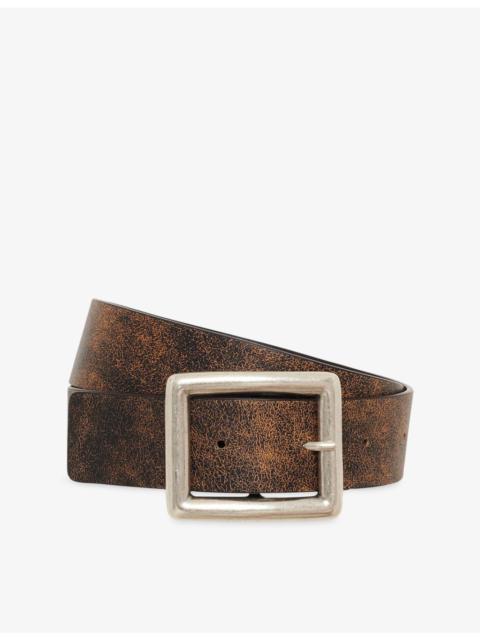 Square-Buckle Vintage-Effect Leather Belt